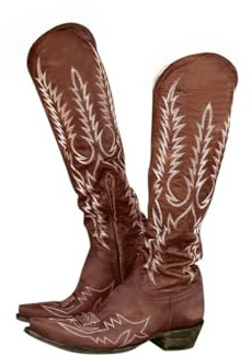 Cowboy stövlar för kvinnor extra bred broderad mellanvad cowgirl stövel bred vad låg klack västernstövlar läder knähöga tossor bekväma tjocka blockklack spetsig tå dra på mocka slouch skor, B brun