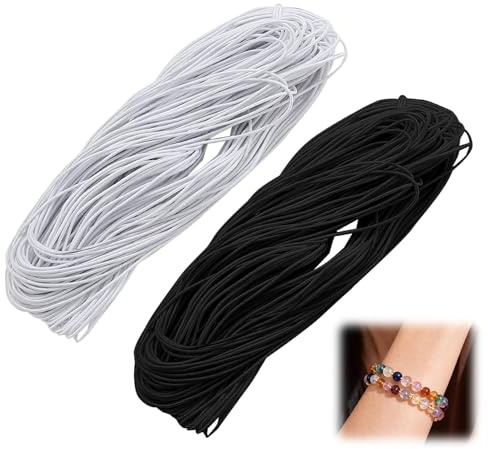 Elastic Cord 1 mm 2 Pcs, Elastic String for Bracelet Making 2 Colors Each 20M Round Stretchy Beading Cords Threads for Necklace Jewellery Clay Beads Making DIY Sewing Crafting (Black+White)