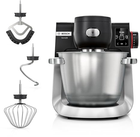 Bosch Series 6 MUMS6ZM00G Stand Mixer with Intelligent Sensing Technology and Integrated Scale, Professional Patisserie Set Included, 1600W. Black/Silver Stainless Steel (Renewed)