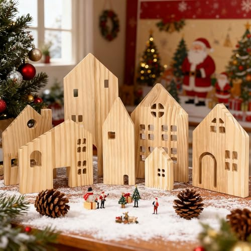 Weihnachtsdeko Holz Häuser, 7 Stück Weihnachten Holzhaus Deko, Weihnachtsdekoration Holzhäuser zum Basteln, Weihnachtshaus Holz Handwerk Tischdeko Weihnachten für Heimdekoration (B)