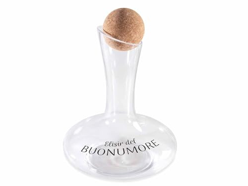 Decanter in Vetro 1,5L con Tappo in Sughero – Ampolla Decorativa con Scritta “Elisir del Buonumore” – Caraffa per Vino, Liquori, Acqua – Idea Regalo Originale