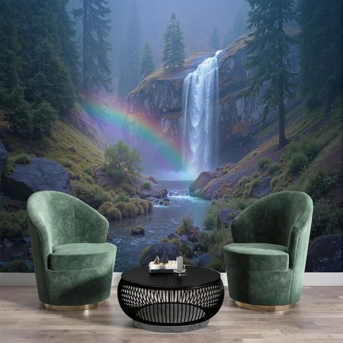 Papel Pintado Pared 3D Verde Cascada Arcoiris Fotomurales Tv Fondo Dormitorio Murales Paisaje Forestal Para Sala De Estar Pósteres Motivos De Restaurante De Oficina,200X140Cm