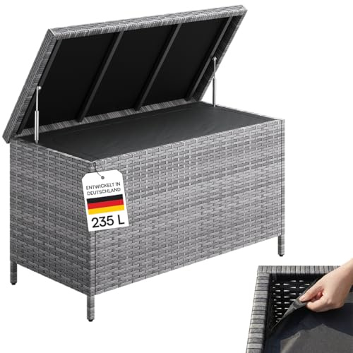 STEELSØN Serion Gartenbox 110 cm breit, Grau, aus Rattan, wetterfest | Outdoor Auflagenbox 110x55x60 cm, Aufbewahrungsbox mit klappbarem Deckel, Gartenkiste mit Stahlgestell, Kissenbox, Truhe
