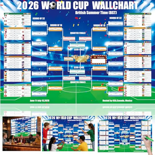 Mtjkkpo World Cup Football 2026 Wall Chart - Extra Large 100 x 70cm Soccer Schedule Poster in Premium Thick Vinyl, Football Wall Chart for Home Bar Office Party Decorations