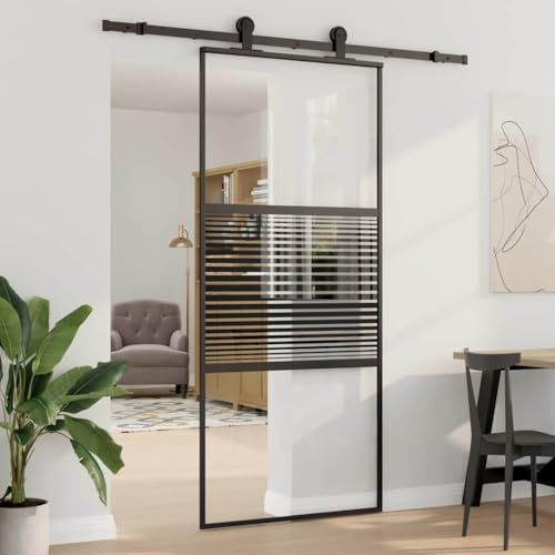 QUAHEAS Glastür Gestreift Schwarz 90 x 2 x 205 cm Aluminium Schiebetür Innen Zimmer mit Rahmen und Türstopper für Wohn- und Bürobereiche Lichtdurchlässig und Platzsparend