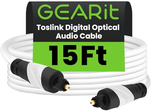 Toslink Digital Optical Audio Cable, GearIT Pro Series TOSLINK Digital Optical Audio Cable 15 Feet for HDTV, PS3, Tivo, Sound Bar, Stereo Receiver and Home Theater System - White