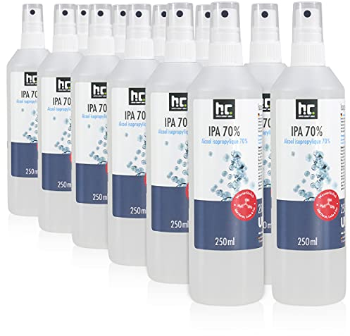 Höfer Chemie 12 x 250ml Isopropanol 70% – Isopropylalkohol zum Reinigen und Entfetten von Glas, Displays, Brillen, Schallplatten und Whiteboards – IPA 70 Industriealkohol im praktischen Kanister
