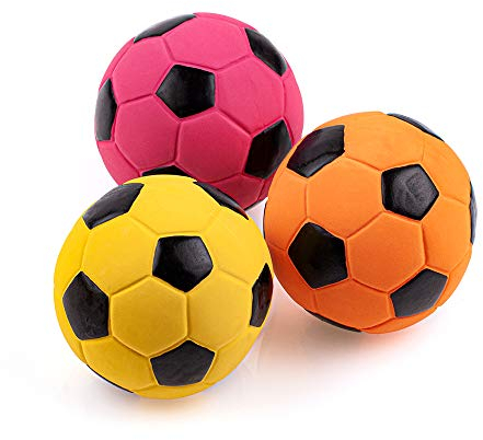 Chiwava 3 Stück 7 cm Hundespielzeug Ball aus Latex Fußball mit Quietsche Kauen Werfen Interaktives Spiel für Medium Hunde Sortierte Farbe