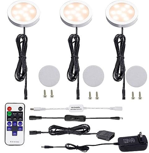 AIBOO Dimmable LED Under Cabinet Puck Lights 3 Lamps Kit with RF Remote Control for Home Kitchen Counter Lighting (Warm White 2700K)