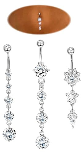 JOERICA 3Pcs 14G 316L Stainless Steel Belly Button Rings for Women Flower CZ Dangle Belly Button Rings Navel Piercing Jewelry