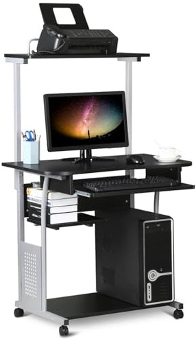 Yaheetech Mesa de Ordenador con Ruedas 3 Niveles de Almacenamiento Negro