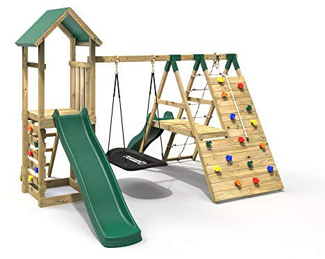 Rebo® Wooden Climbing Frame with Swings, 6 and 8ft Slides and Climbing Wall - Crestone Green | OutdoorToys | Pressure Treated Timber, Sturdy Wooden Construction