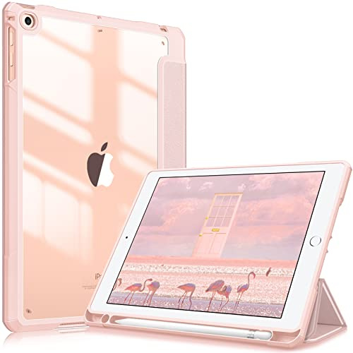 Fintie Hybrid Hülle für iPad (6./5. Gen)2018/2017, iPad Air 2/ Air 9.7 Zoll | Schlankes Hard-PC-Case, Transparent, stoßfest, Standfunktion, Stifthalter & Auto-Sleep/Wake, Roségold