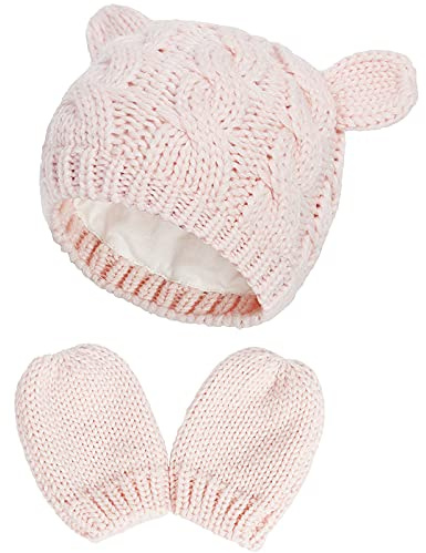 Malaxlx Neugeborenes Baby Winter Mütze Handschuhe Set – Warme gestrickte Mütze und Handschuhe für Mädchen und Jungen