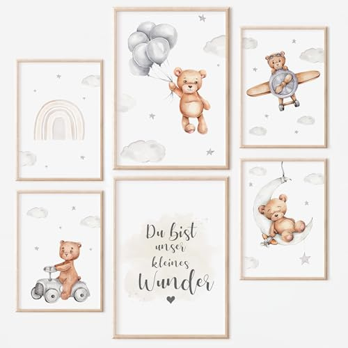 MeinBaby123® Poster Kinderzimmer | 6er Set DIN A4 Poster Set | Wandbilder mit Spruch | Regenbogen | Deko Kinderzimmer Mädchen und Jungen | Babyzimmer Deko (Bär & Flugzeuge)