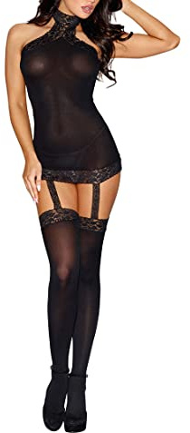 ROSVAJFY Femme Nuisette Lingerie Ensemble Sexy avec Bas, Chemise de Nuit Résille avec Porte-Jarretelles, sous-Vêtement Body Halter Dentelle Pyjamas Babydoll Bodystocking Dos Nu (Noir)