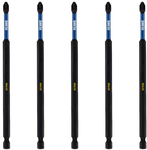 5 x Rennie Tools 150mm Long PH2 Impact Screwdriver Driver Bits Set | Magnetic Phillips No.2 Heavy Duty Impact Driver Bit Set. Extra Long PH2 Bits. Hex Shank. Cross Head. Black Oxide Coating