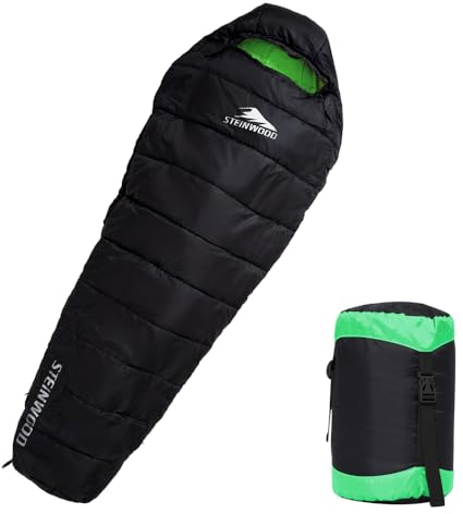 Steinwood Premium Schlafsack koppelbar extra breit 3-4 Season 210cm - Outdoorschlafsack, Mumienschlafsack, Hüttenschlafsack (3/4 Season - Schwarz/Grün - Zipper Beidseitig)
