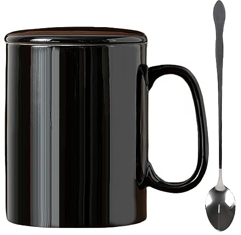 KOPYFANTAP Tazza Grande 1000ml, 30Oz Tazzina Giganti da Caffè in Ceramica con Coperchio e Cucchiaio XXL Bicchieri con Grandemanico,Lavabile in Lavastoviglie, Nero