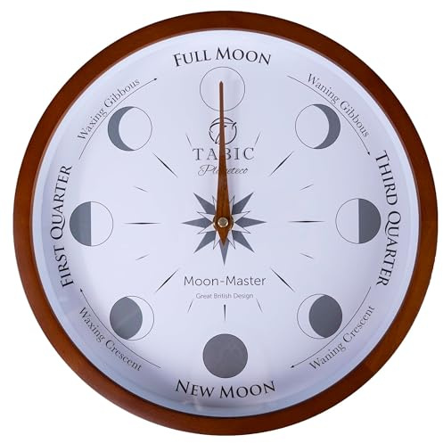TABIC Planeteco Moon Master - Precision Lunar Phase Wall Clock - Accurate Moon Tracking & Easy-to-Read Dial for Lunar Cycle - Stylish Round Moon Phase Clock - Contemporary Home Decor - Dark Stain