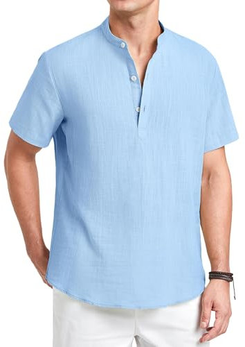 Enlision Linen Shirts Men Short Sleeve Summer Holiday Beach Grandad Collar Shirt Casual Lightweight Collarless Sky Blue Henley Shirts for Men L