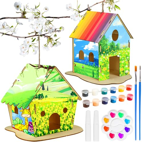 PIWOSGOL DIY Vogelhaus Bausatz für Kinder, 2 Stück Große Holz Basteln Set zum Bemalen, Spielzeug Geschenk für Jungen Mädchen 3-9 Jahre