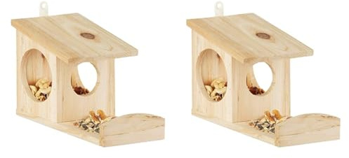 Relaxdays Eichhörnchen Futterhaus zum Hängen, Aus Holz, Wetterfest, HBT: ca. 17,5 x 12 x 25 cm, Natur (Packung mit 2)