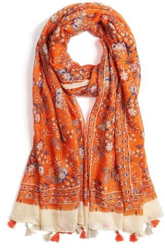 QIUTIMIY Scarf for Women Lightweight Soft Floral Printed Scarves Fall Winter Fashion Shawl Wrap with Fringe(Orange Beige)