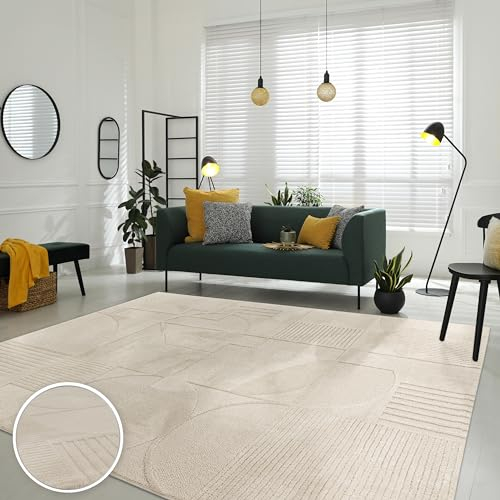 Paco Home Teppich Wohnzimmer Schlafzimmer moderner Kurzflor Abstrakte Organische Designs Geometrisch 3D Effekt hochwertig weich Creme, Grösse:120x170 cm, Farbe:Creme
