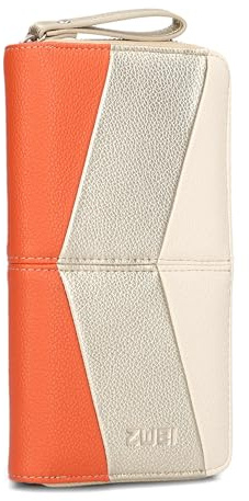 Zwei Damen Geldbörse JANA J2 Wallet 20 x 11 cm hochwertiges Kunstleder im Tricolor-Design, Portemonnaie mit 12 Kartenfächern, Münzfach, Sichtfach für Ausweise, mit umlaufenden Reißverschluss (Papaya)