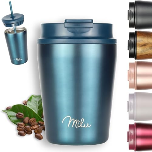 Milu Thermobecher 300ml - 100% Auslaufsicher - Edelstahl Kaffeebecher to go isoliert mit Strohhalm hält 10h heiß / 20h kalt, BPA-frei (Grün, 300ml)
