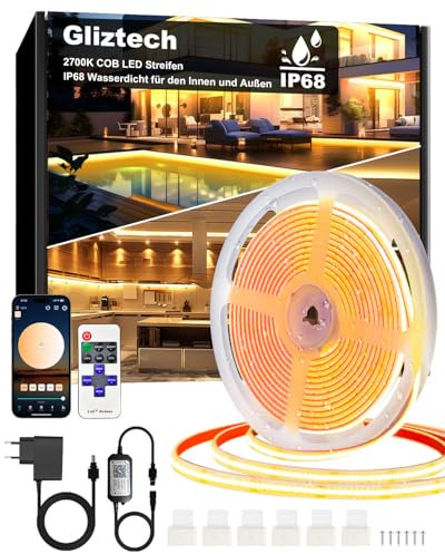 Gliztech 7M Striscia LED COB IP68 Impermeabile, 2700K Autoadesiva Bianco Striscia LED per Esterni con Alimentazione 24V, BT APP e Telecomando per Grondaie Giardino Piscina Terrazza Cucina