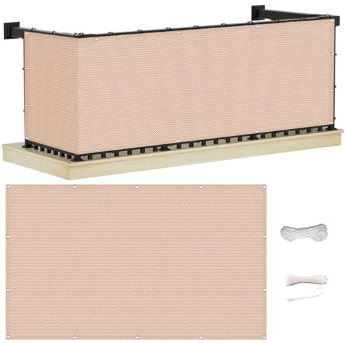 Balkon-Sichtschutz, 6 m, Sonnenschutznetz mit Kabelbindern, wetterbeständig, cremefarben