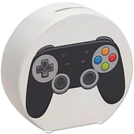 Videospiel-Controller Spardose - Gamer Sparschwein Schwarzer Videospiel-Controller für Enthusiasten mit bunter Tastenanordnung und kreuzförmiger Illustration