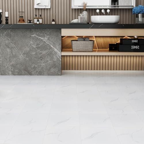 FLOREXP Vinyl Flooring Tile- 12×12 Inch Self Adhesive Floor Tiles | 40 Packs Peel and Stick Floor Tiles 1.5mm Thick with Wood Effect for Office,RV,Washroom,Bathroom Cover 3.72 m² White Marble