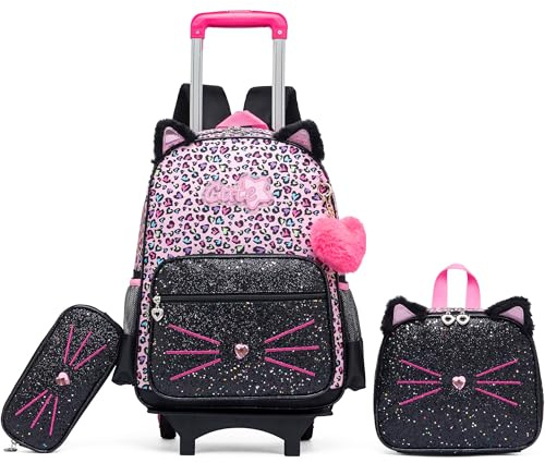 HTgroce Trolley Schulranzen Rucksack Schulrucksack Trolley Schultrolley Schulranzen Mädchen Groß Trolley Schultasche Rucksack mit Rollen für Mädchens Kinder