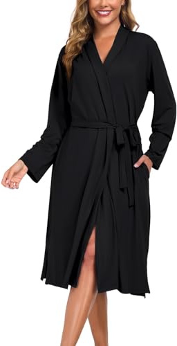 Beuwltpa Dademantel Damen Lang, Morgenmantel Leicht, Weich V-Ausschnitt und Langarm Dademäntel, Kimono mit Taschen Passend für Sauna Spa Surf Reisen Loungewear