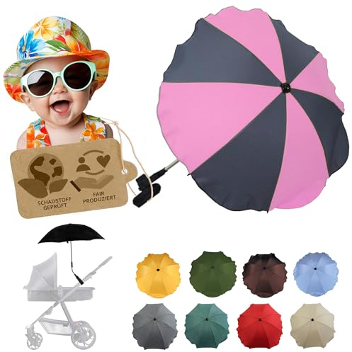 BambiniWelt by Rafael K. Sonnenschutz universal [Sonnenschirm für Kinderwagen] Buggy UV Schutz 50+ mit Universalhalterung biegsamer Schirm für Rund- und Ovalrohre verstellbar (grau-rosa)