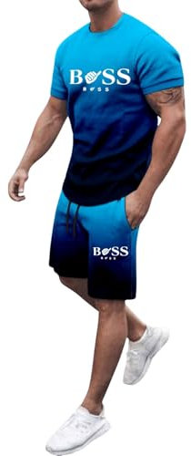 WAZHAKU Sommer Outfit Herren Freizeitanzug Jogginganzug Gradient Bequeme Tracksuit Baggy Sport Kleidung Zweiteiler Outfit Hausanzug 2-Teilig Tshirt und Jogging Shorts Casual Trainingsanzug