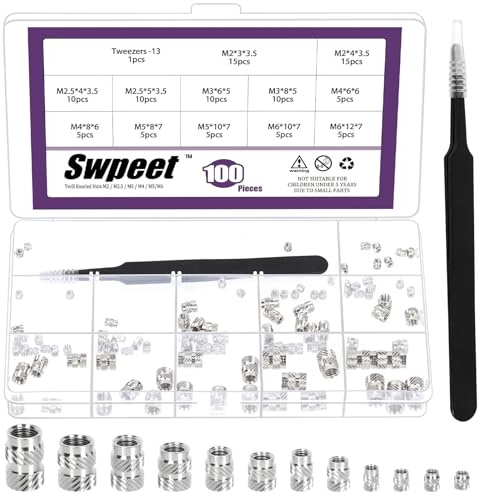 Swpeet 101Pcs 12 Tailles M2 M2.5 M3 M4 M5 M6 Kit d'assortiment d'insertion filetée en laiton nickelé, écrous filetés féminins, insertion de jeu de chaleur pour injection soudée d'impression 3D