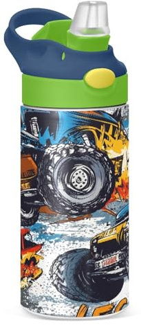 JUMBEAR Bouteille d'eau isotherme de 350 ml avec couvercle à paille en acier inoxydable pour garçons et filles Motif camion graffiti