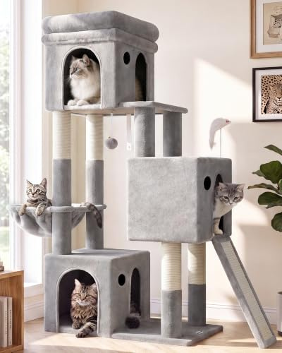 Globlazer F52B Kratzbaum mit 3 Katzenhaus 40*33 CM Sisalrampe für 3 Katzen | Katzenbaum Stabil mit Mehrere Loungebereich Kratzbrett Leicht zu Erklimmen Aktivitätskratzbäume für Große Katzen Kätzchen