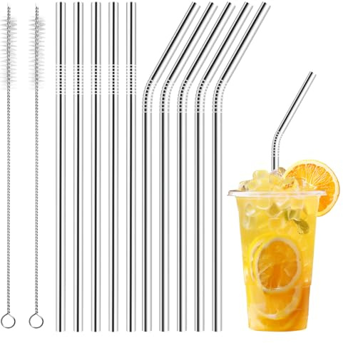 LUCKNIGHT 20 Piezas Pajitas Metal, Pajitas de Acero Inoxidable, Cañitas Reutilizables, con 2 Cepillos de Limpieza para Té, Granizados, Cócteles, Café, Zumos Metales Duraderos (10 Rectas + 10 Curvas)