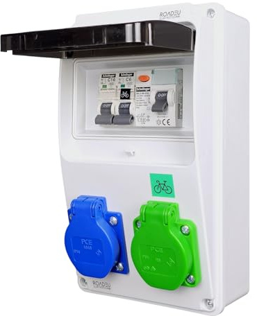 RoadEU Quadro elettrico ibrido da parete | Presa E-Bike verde + presa Schuko 230V | IP44 con interruttore differenziale