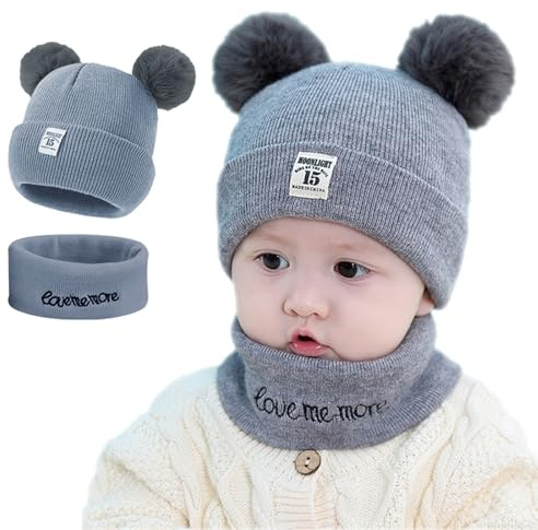KASESSS Gorro Bebe Recien Nacido Guantes Set, Gorro Bebe Invierno, Cálido Linda Doble Pompón Gorro de Punto, Conjunto Calentar Bufanda Niños para Niños y Niñas Bebé Recién Nacidos 0-24 Meses, Gris
