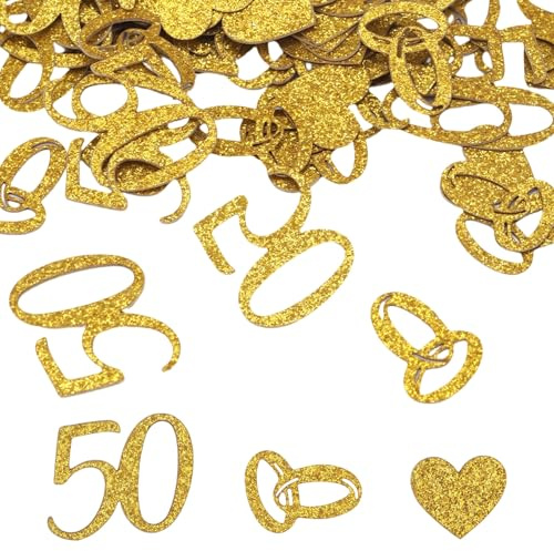 200 coriandoli decorativi per 50° anniversario di matrimonio, coriandoli di carta glitterati dorati, decorazioni da spargere per la tavola per il 50° anniversario, feste di compleanno
