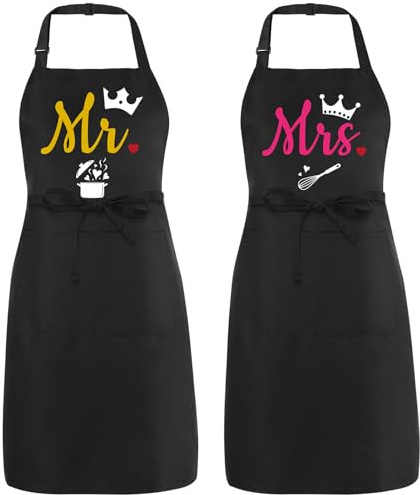 saerryor 2 PCS Mr & Mrs Couple Aprons Set, Adjustable Cooking Apron with Large Pockets, BBQ Apron for Women and Men, Funny Couple Newlyweds Gift for Wedding Anniversary Engagement Valentine’s Day