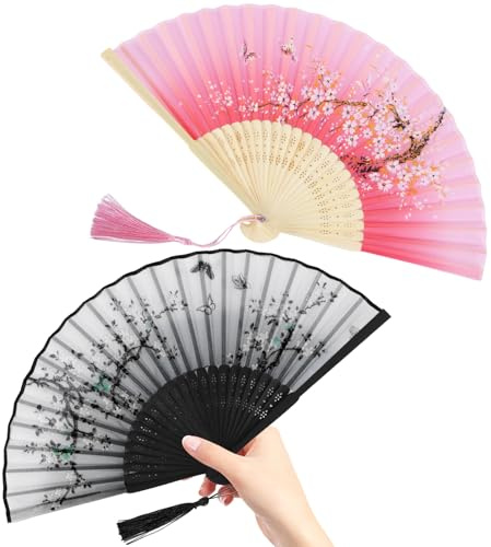 2 Stück Handfächer Schwarz und Rosa - Faltfächer Faltbarer mit Quaste für eine Abkühlung im Sommer, Fecher Damen für Party, Tanz, Hochzeit, Heimdekoration, asiatische Dekoration, Cosplay