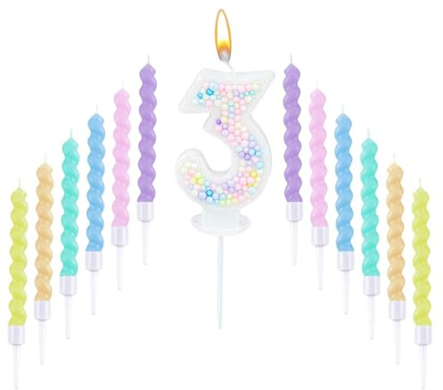 Fesnova Macaron Bunte 3. Geburtstag Kerze Set, Kerze 3 Geburtstag, 12 Stück Bunte Spiralförmige Geburtstagskerzen, für Mädchen und Junge, Geburtstagparty, Hochzeit