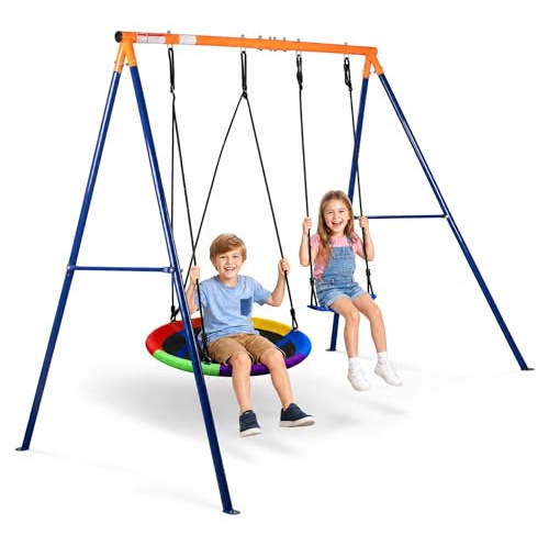 HLC Garden Swing Set with Nest & Curved Seat, Sturdy Steel A-Frame Kit Blue